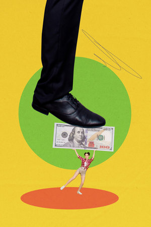 Vertical photo collage of happy girl hold big dollar currency banknote foot step dictatorship problem isolated on painted backgroundの写真素材