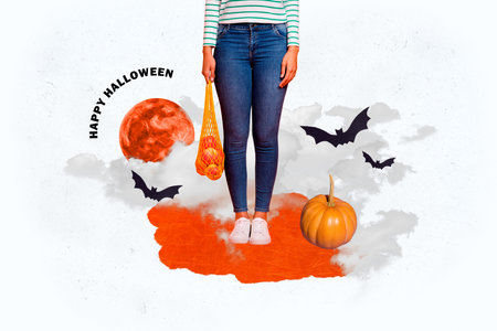 Composite photo collage of anonym girl ear casual cloth hold net apple fruit happy halloween bats pumpkin isolated on painted backgroundの写真素材