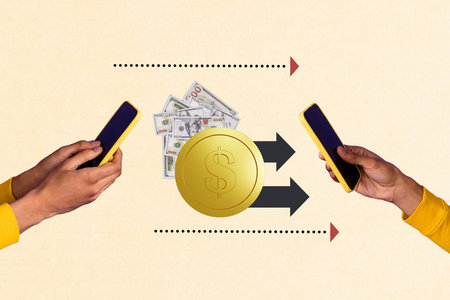 Creative collage image digital devices smartphone transfer money earnings golden coins cash rich...