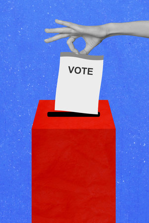 Vertical photo collage of human hand throw ballot box election choice democracy country referendum...