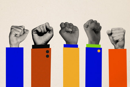 Composite photo collage of hands crowd show fist gesture feminism demonstration independence concept...