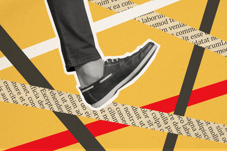 Composite trend artwork sketch image photo collage of bright color space line paper text man legs...