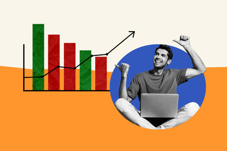 Composite photo collage of happy man freelancer hold laptop chart development career growth arrow...