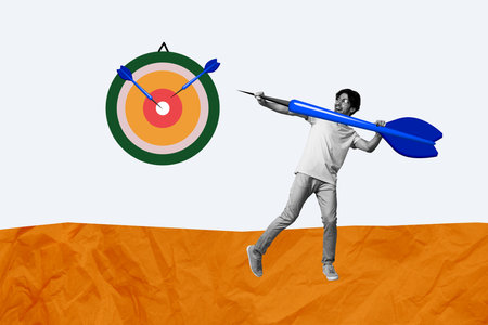 Composite photo collage of happy man hold big dart target aim work career determination success development isolated on painted backgroundの写真素材