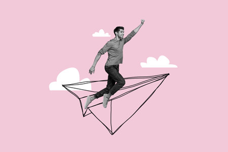 Composite photo collage of happy guy fly paper plane summer travel adventure superhero pose vacation isolated on painted backgroundの写真素材