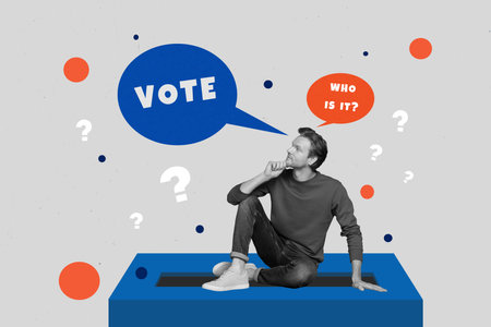 Composite photo collage of minded man sit ballot box bubble dilemma question mark election decision...