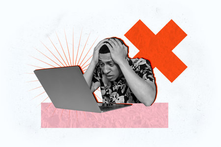 Collage 3d image of pinup pop retro sketch of stressed young man working office deadline problem...