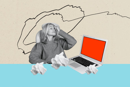 Composite photo collage of upset old woman sit chair office worker broke laptop device workload...