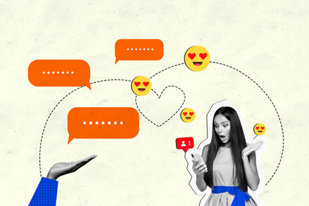 Composite photo collage of astonished girl blogger hold phone receive like reaction bubble message media isolated on painted backgroundの写真素材