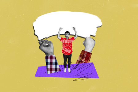 Composite photo collage of crazy man activist hands support rebellion protest placard freedom...