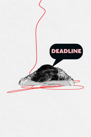 Vertical photo collage of upset girl cry deadline limit expire timetable slow lazy worker problem...