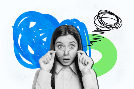 Composite photo collage of astonished girl hold glasses colorful scribble contemplation brainstorm dilemma isolated on painted backgroundの写真素材