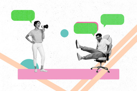 Creative collage picture young man woman colleagues loudspeaker announce information communication armchair textboxes conversationの写真素材