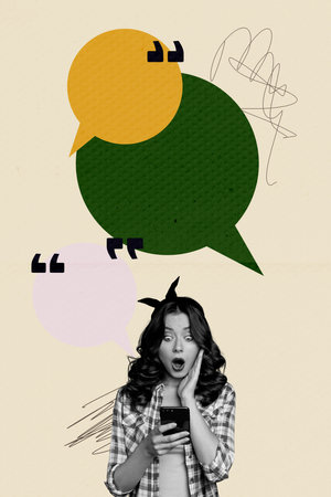 Vertical collage picture young shocked woman smartphone textbox message cite quote app messenger communication chatting drawing doodlesの写真素材