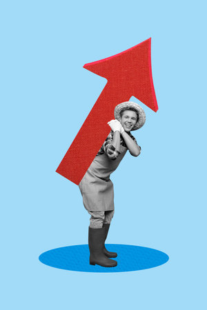 Creative trend collage of young farmer businessman carry arrow point agriculture harvest weird freak...