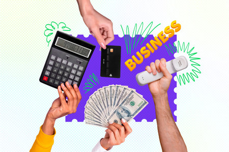 Composite trend artwork 3D sketch image photo collage of business multitasking hands hold money calculator bank credit card landline phoneの写真素材
