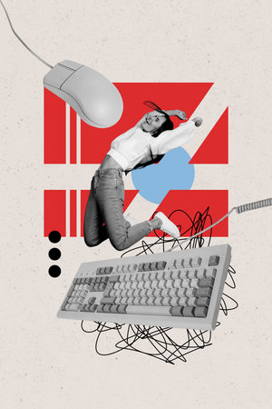 Vertical photo collage of excited girl jump wire keyboard button mouse controller office equipment isolated on painted backgroundの写真素材