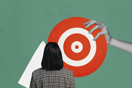 Composite trend artwork sketch image collage of arrow achieve goal center target hand hold young...