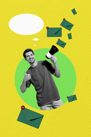 Vertical poster collage young man showing thumb up gesture approval loudspeaker announce information bullhorn correspondence notificationの写真素材