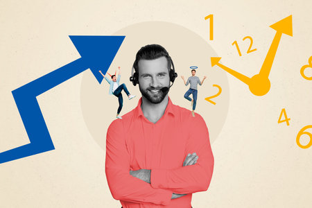 Composite photo collage of happy man operator wear mic headphones helpline service business...