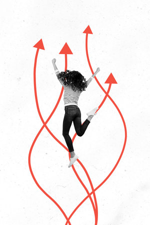 Vertical photo collage of happy girl jump back success promotion arrow development progress goal isolated on painted backgroundの写真素材