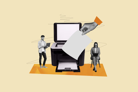 Composite photo collage of two business colleagues girl man huge printer tool freelance job type...