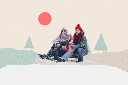 Composite artwork sketch collage of winter season advent Christmas holiday family father mother girl boy sit snow cold weather posingの写真素材