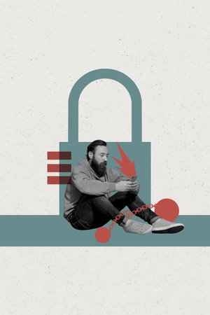 Vertical collage picture young man social media internet communication harassment bullying padlock...