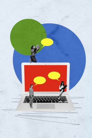 Vertical photo collage of business girls colleagues surf laptop bubble correspondence freelancer job isolated on painted backgroundの写真素材