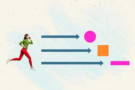 Composite photo collage of happy business girl run arrow promotion figure shape development speak...