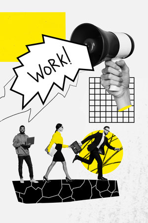 Vertical photo collage of hand boss hold megaphone promote workload running girl guy employee partners career isolated on painted backgroundの写真素材