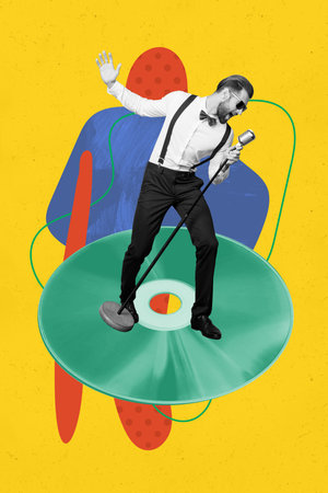 Composite trend artwork sketch image photo collage of young guy hold microphone sing song performer bar party celebrate nightclub karaokeの写真素材