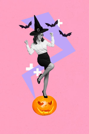Composite trend artwork sketch collage of happy halloween spooky season carnival horrible day witch lady stand pumpkin wear hat bat flyの写真素材