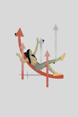 Vertical photo collage of happy businesswoman lay arrow development statistics success growth...