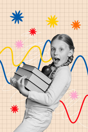 Vertical photo collage of astonished small schoolgirl carry book stack apple fruit bookworm hobby learner isolated on painted backgroundの写真素材