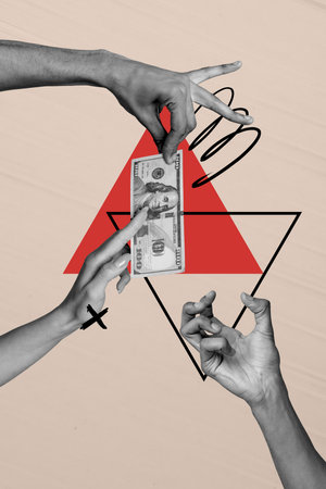 Vertical collage picture money finance economy trader hands body fragments take give hold pick...