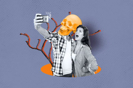 Composite trend collage of halloween autumn season spooky creepy poster midnight young man skull...