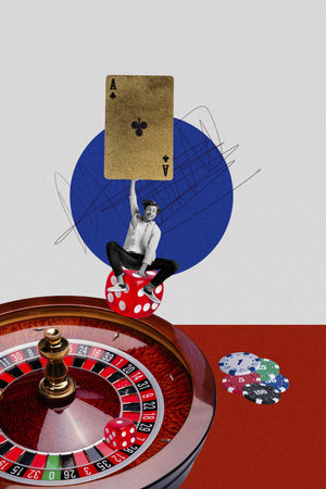 Composite trend artwork 3D sketch image photo collage of casino roulette gambling batting game dice...