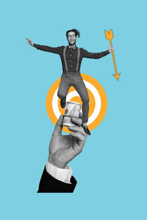Composite trend artwork 3D sketch image photo collage of aim goal target business success young guy hold arrow stand huge hand money rollの写真素材