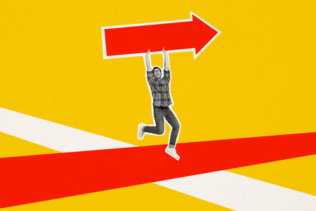 Composite photo collage of happy businessman hold arrow banner career development promotion concept...