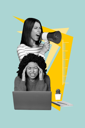 Vertical photo collage of angry business american girl white woman hold megaphone announce work...