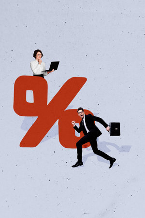 Creative poster collage of businesspeople percent bankruptcy trading bizarre unusual fantasy...