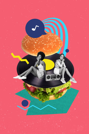 Vertical creative retro 3d collage image of happy smiling friends sitting vinyl plate enjoying music isolated colorful backgroundの写真素材