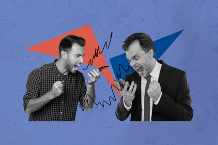 Creative collage young two men entrepreneur employee argument aggression scream shout boss fired...