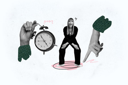 Collage image of pinup pop retro sketch of funny dancing female office worker celebrate friday clock time bizarre unusual fantasy billboardの写真素材