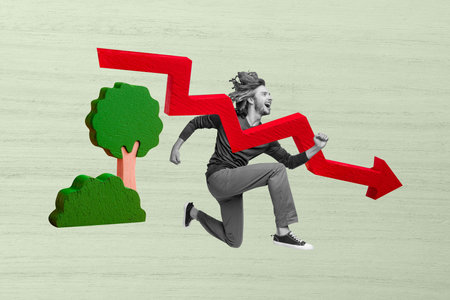 Collage artwork graphics picture of funny excited purposeful guy running achieving success isolated...