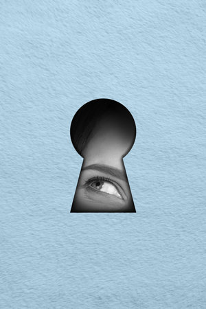 Vertical composite artwork collage image picture of girl look through keyhole isolated on creative backgroundの写真素材