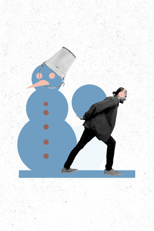 Vertical photo collage of dissatisfied man carry huge snowball build snowman figurine winter walk isolated on painted backgroundの写真素材