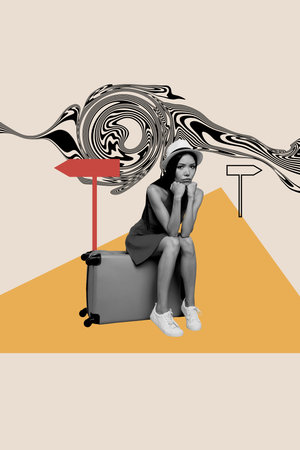 Vertical poster collage young woman bored upset road sign pointer direction lost way valise vacation abroad trip drawing backgroundの写真素材