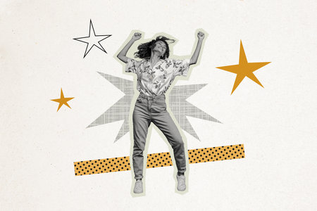 Composite photo collage of happy american girl dance pop star party relax movement enjoy atmosphere...